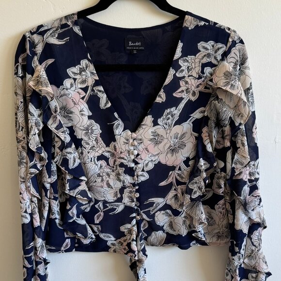 Bardot Tops - Bardot Floral Tie Front Blouse XS | Navy Ruffle Sleeve V-Neck Boho Top
